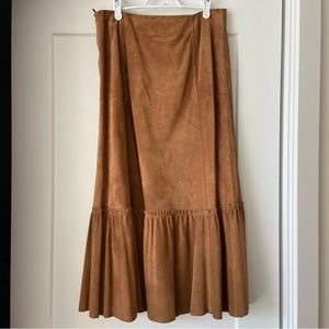 Weekend MaxMara tan suede long skirt, tiered ruffle genuine leather